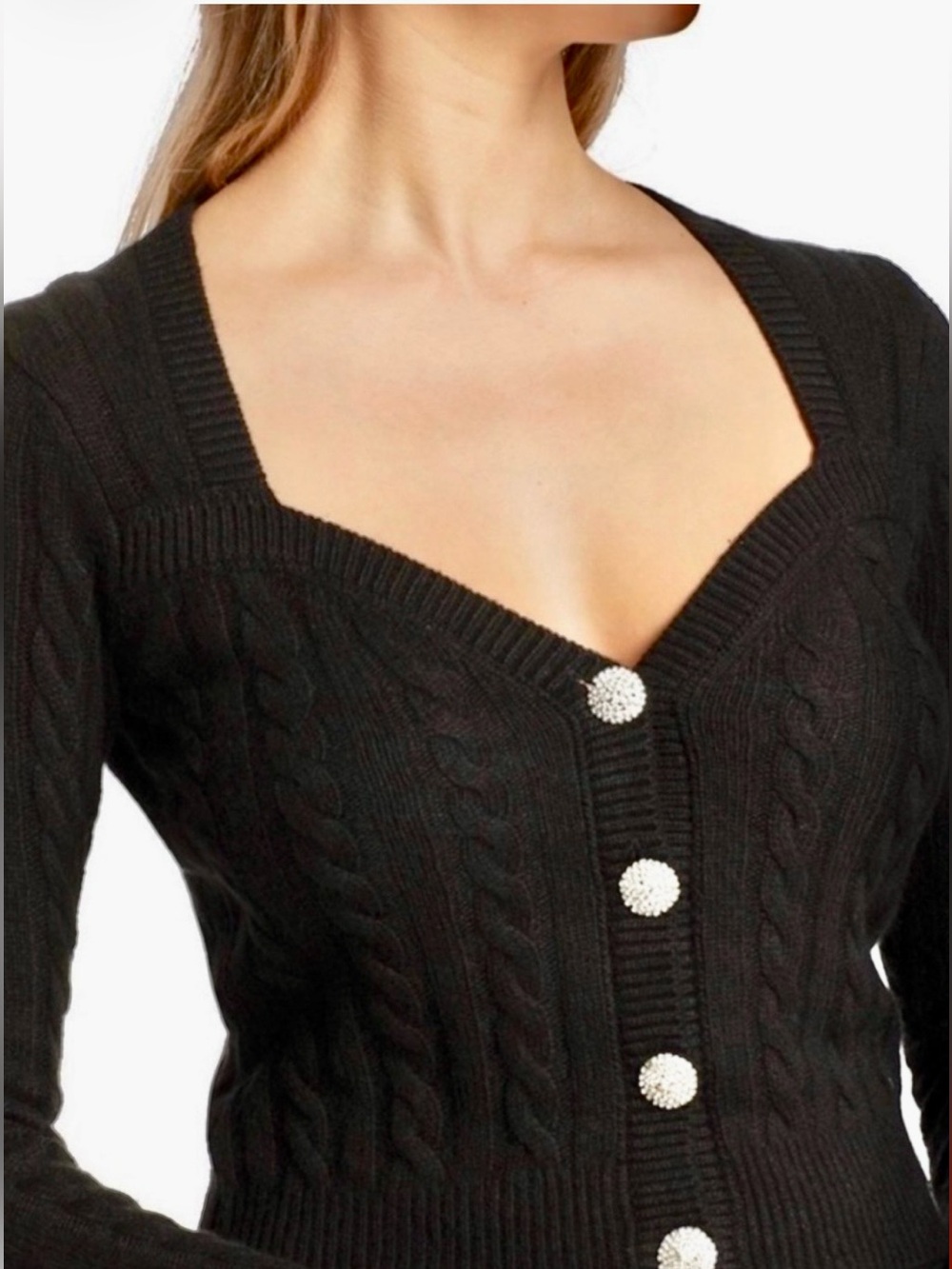 Ronny Kobo Cropped Knit Cardigan Sweater w/ Large Crystal Adorned Buttons
